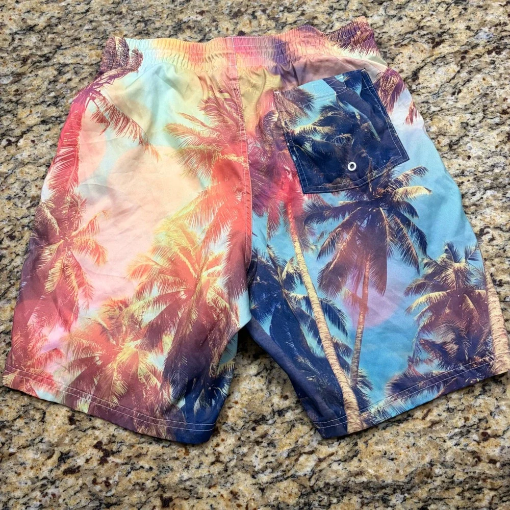 Mens Tropical Sunset Palm Tree Swim Trunks Pink Orange Blue Beach Shorts Small